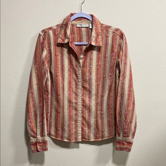 2 Dressbarn Blouses L Vintage-Inspired Button Downs, Plaid & Embroidered Stripe - Picture 3 of 15